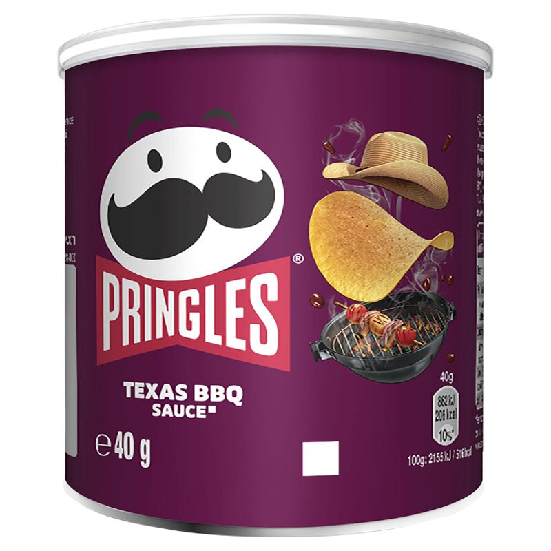 Pringles Texas BBQ Sauce can with purple label and tortilla chip illustration